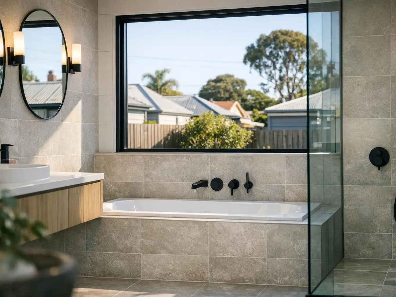 Waterfront home bathroom with salt-resistant stainless steel fixtures and marine-grade waterproofing